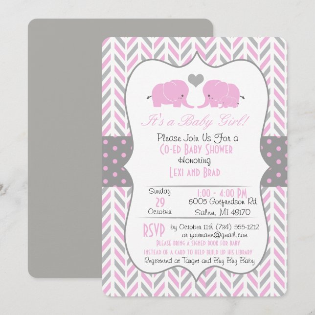 Invitación Baby Shower a Elefante Gris Rosa (Anverso / Reverso)