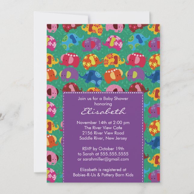 Invitación Baby Shower a elefante mod morado (Anverso)
