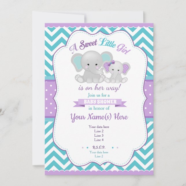 Invitación Baby Shower a Elefante Turquesa Púrpura (Anverso)