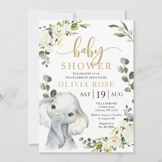 Invitación Baby Shower a Elephant Greenery (Anverso)