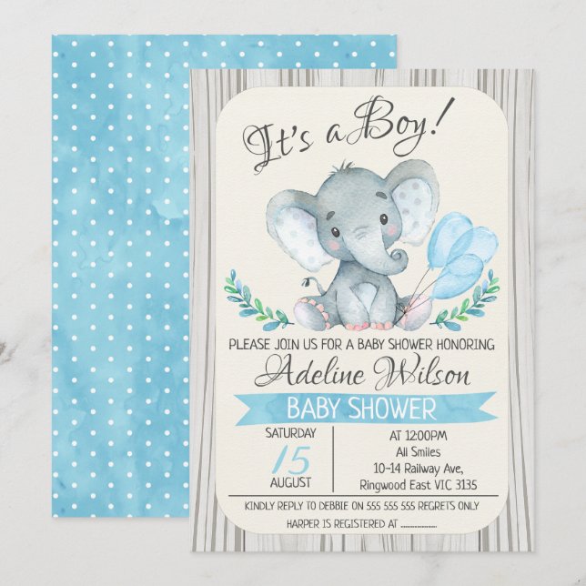 Invitación Baby Shower a Elephant Watercolor (Anverso / Reverso)