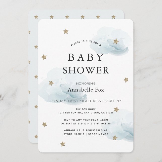 Invitación Baby Shower a estrellas de oro y nubes  (Anverso / Reverso)