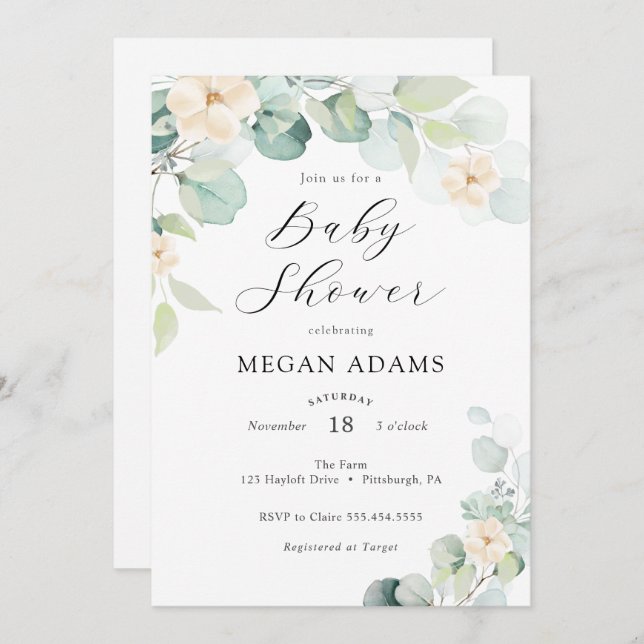 Invitación Baby Shower a Eucalyptus y Flores Blanc (Anverso / Reverso)
