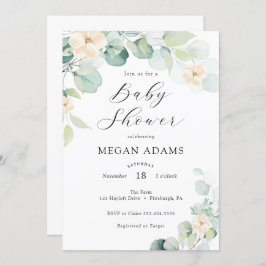 Invitación Baby Shower a Eucalyptus y Flores Blanc