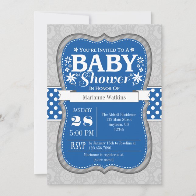 Invitación Baby Shower a Flor Floral Azul Gris Azu (Anverso)