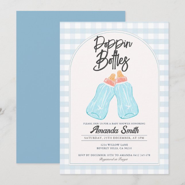 Invitación Baby Shower a frascos de pin azul (Anverso / Reverso)
