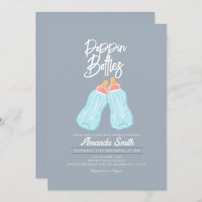 Invitación Baby Shower a frascos de pin gris azul (Anverso / Reverso)