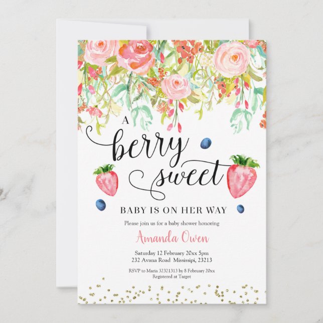 Invitación Baby Shower a Fresa Blueberry (Anverso)