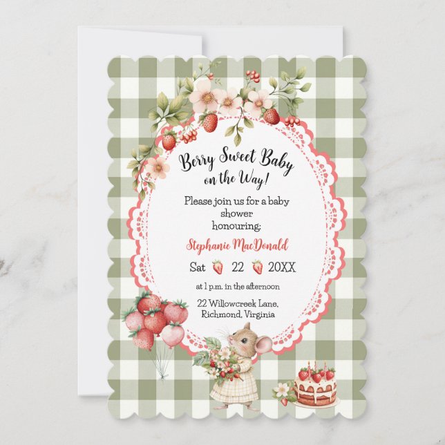 Invitación Baby Shower a Fresa Verde Gingham (Anverso)