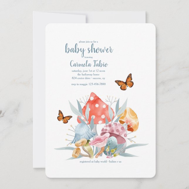 Invitación Baby Shower a hongos y mariposas (Anverso)