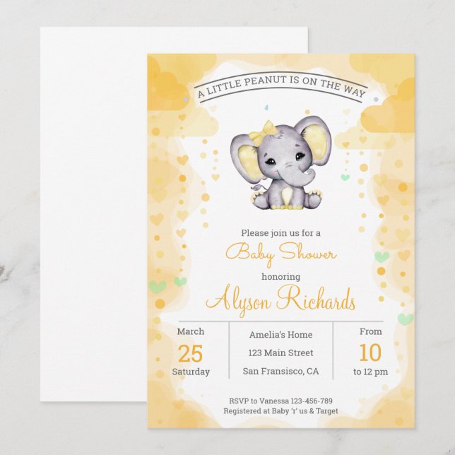 Invitación Baby Shower a la acuarela de elefante a (Anverso / Reverso)