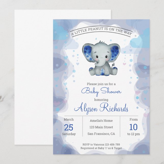 Invitación Baby Shower a la acuarela de elefante d (Anverso / Reverso)