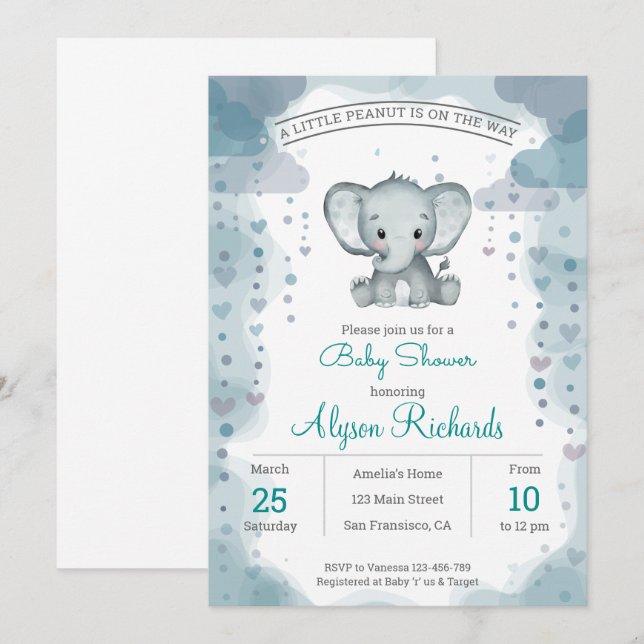 Invitación Baby Shower a la acuarela de Elefante G (Anverso / Reverso)