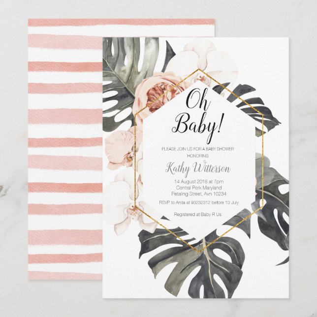 Invitación Baby Shower a la acuarela de Monstera (Anverso / Reverso)