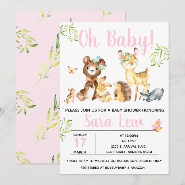 Invitación Baby Shower a la acuarela del bosque de (Anverso / Reverso)