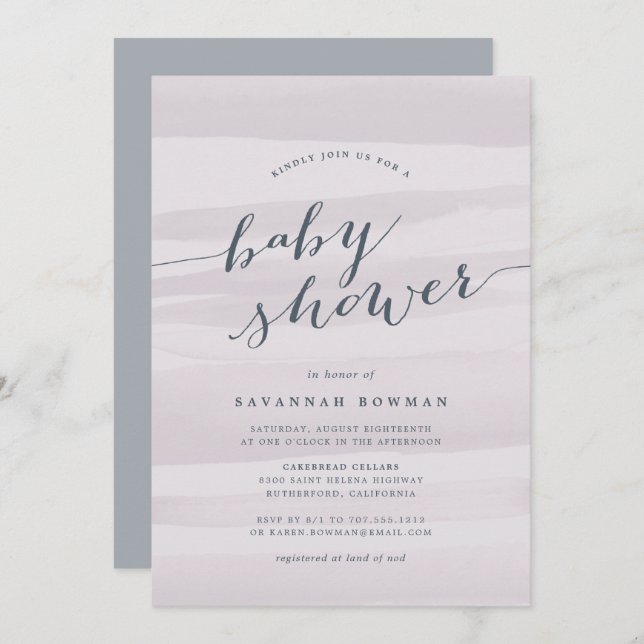 Invitación Baby Shower a la acuarela gris de Lilac (Anverso / Reverso)