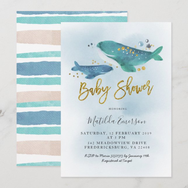 Invitación Baby Shower a la ballena azul de la mar (Anverso / Reverso)