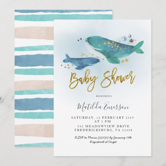 Invitación Baby Shower a la ballena azul de la mar (Anverso / Reverso)