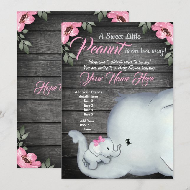 Invitación Baby Shower a la bebé de mamá, elefante (Anverso / Reverso)