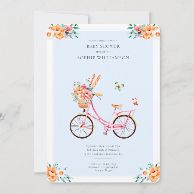 Invitación Baby Shower a la bicicleta vinícola ros (Anverso)