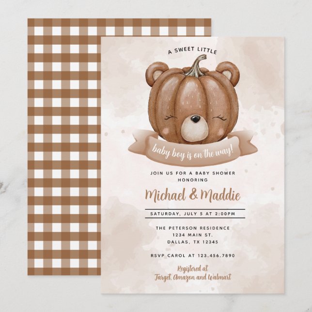 Invitación Baby Shower a la Calabaza de Oso de Woo (Anverso / Reverso)