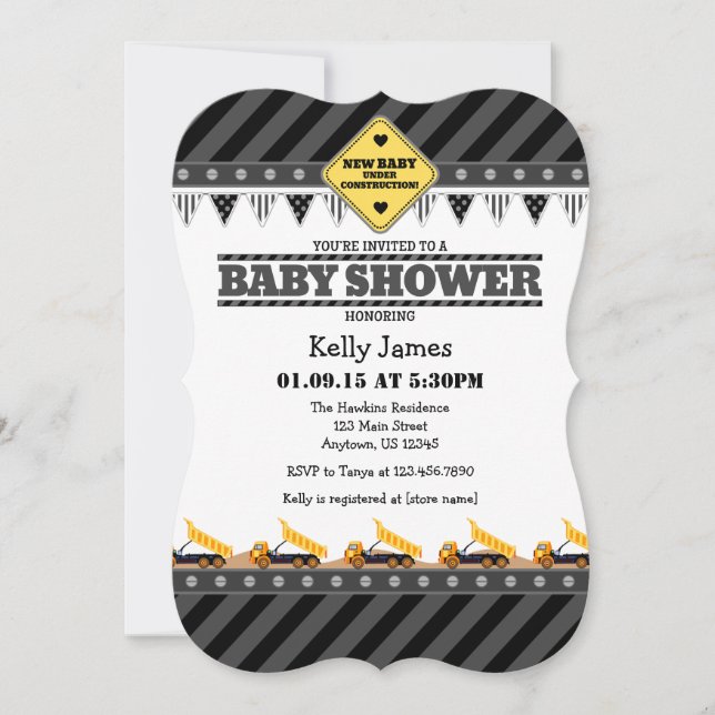 Invitación Baby Shower a la construcción gris negr (Anverso)