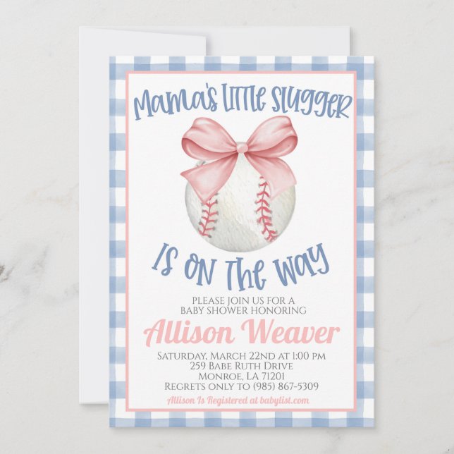 Invitación Baby Shower a la Coqueta de Béisbol (Anverso)