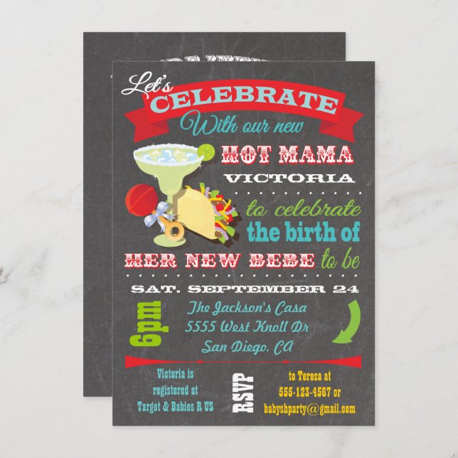 Invitación Baby Shower a la Fiesta Caliente Mamá (Anverso / Reverso)