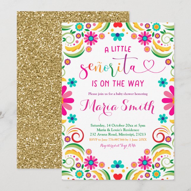 Invitación Baby Shower a la Fiesta Floral Mexicana (Anverso / Reverso)