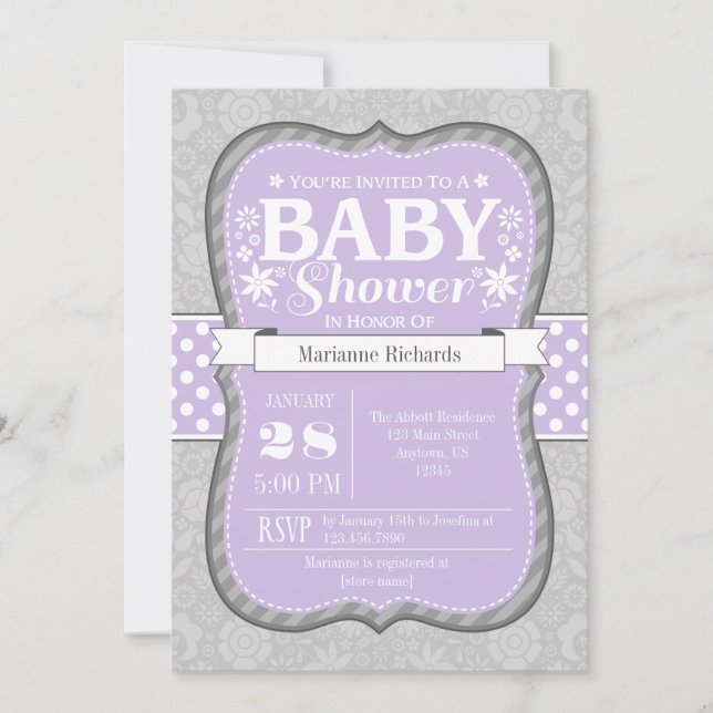 Invitación Baby Shower a la flor floral gris de La (Anverso)