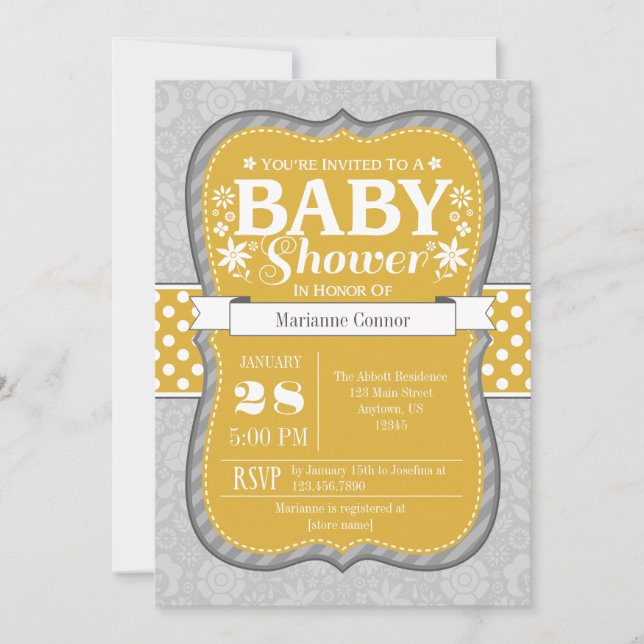 Invitación Baby Shower a la flor floral gris dorad (Anverso)
