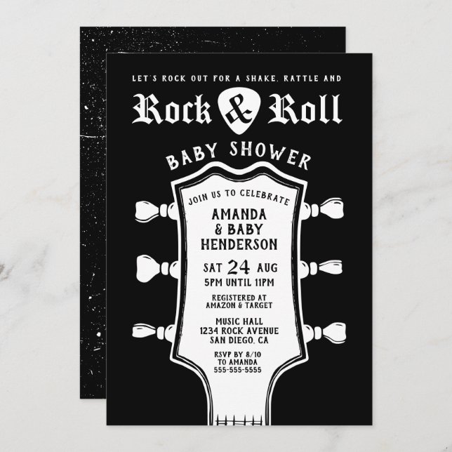 Invitación Baby Shower a la guitarra blanca y negr (Anverso / Reverso)