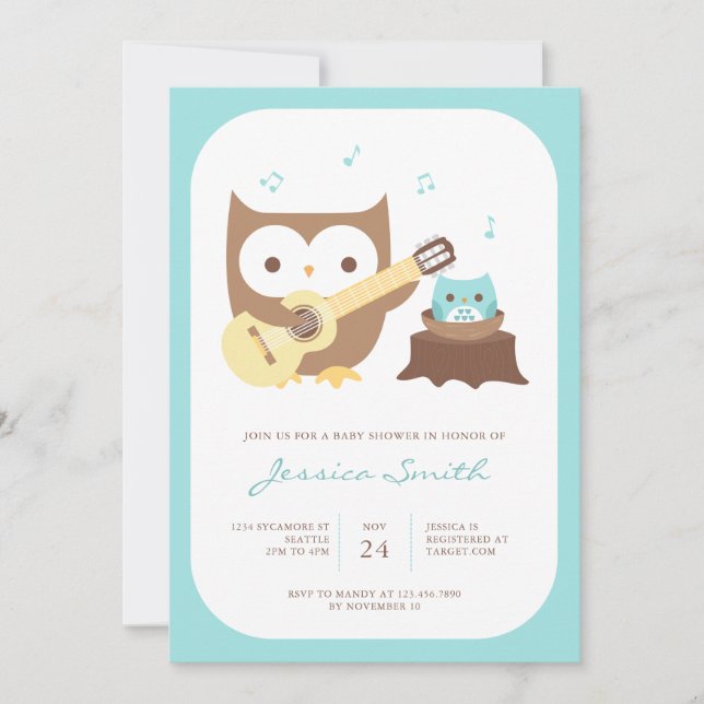 Invitación Baby Shower a la guitarra de bebé búho (Anverso)