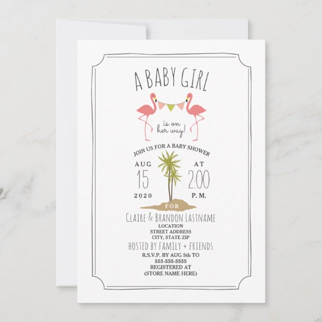 Invitación Baby Shower a la isla Flamingo (Anverso)