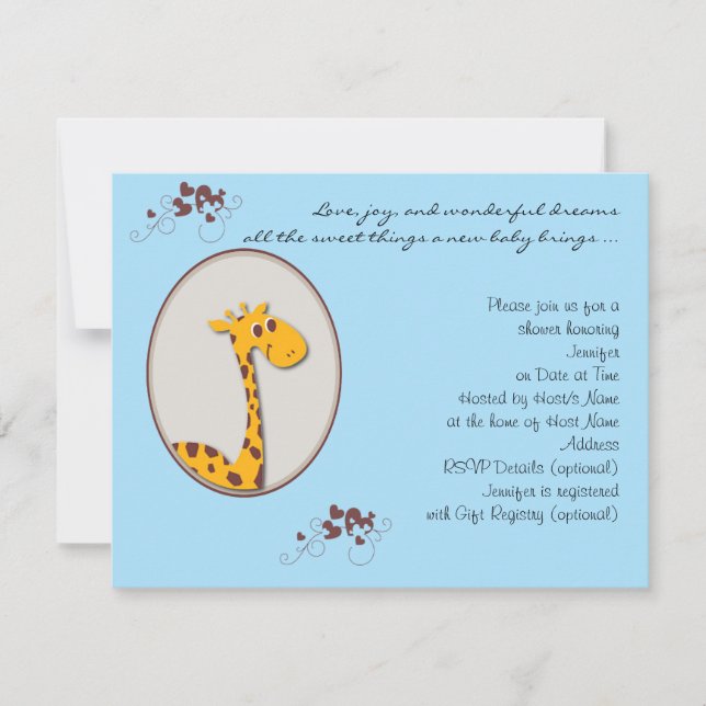 Invitación Baby Shower a la jirafa azul y marrón (Anverso)