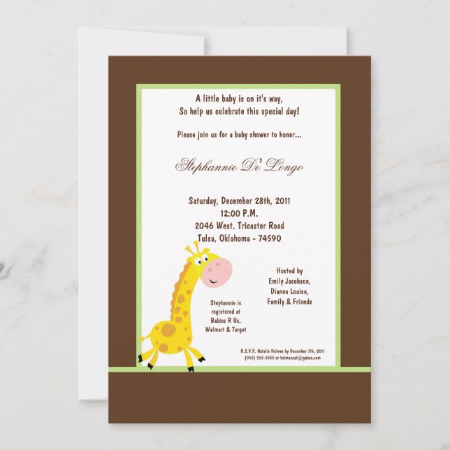 Invitación Baby Shower a la jirafa marrón 5x7 (Anverso)