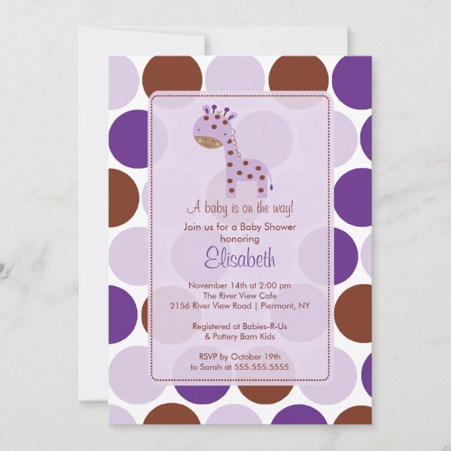 Invitación Baby Shower a la jirafa púrpura (Anverso)