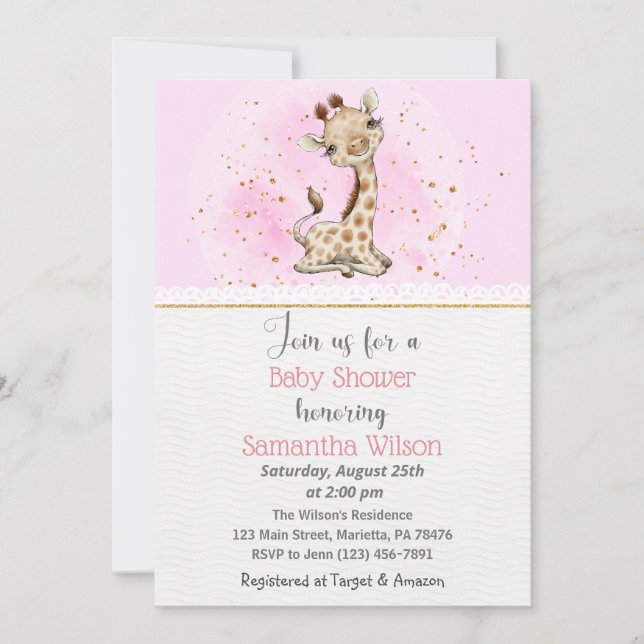 Invitación Baby Shower a la jirafa rosa y dorada (Anverso)