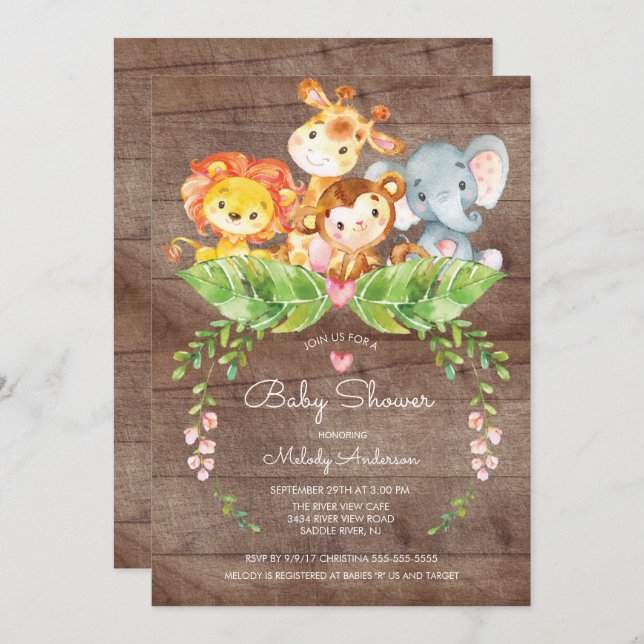 Invitación Baby Shower a la jungla de Safari dulce (Anverso / Reverso)
