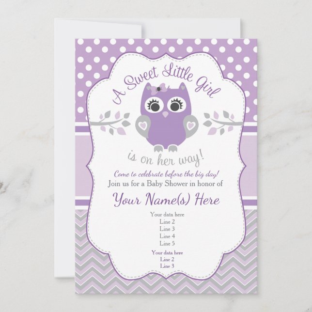 Invitación Baby Shower a la Lechuza Gris Morada (Anverso)