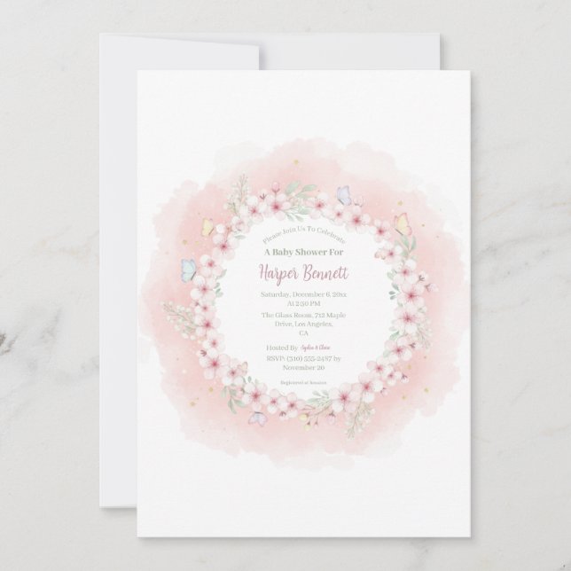 Invitación Baby Shower a la mariposa con flores de (Anverso)