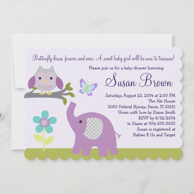 Invitación Baby Shower a la mariposa de Elefante d (Anverso)