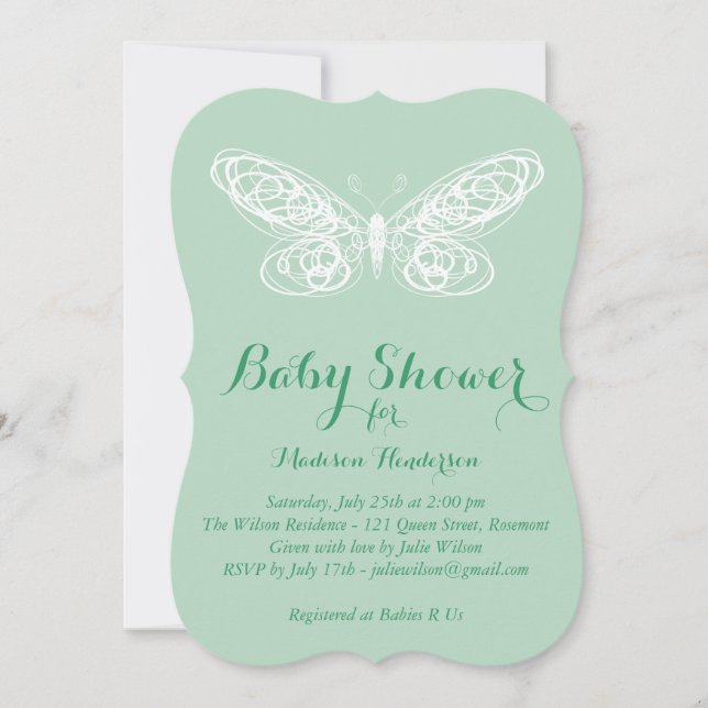 Invitación Baby Shower a la mariposa de menta (Anverso)