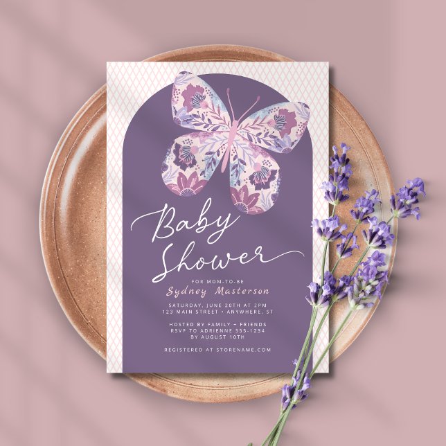 Invitación Baby Shower a la mariposa del Arco Púrp (Shown on a 5" x 7" card)