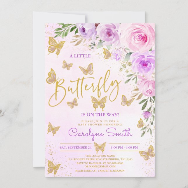 Invitación Baby Shower a la mariposa floral de Lav (Anverso)