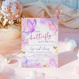 Invitación Baby Shower a la mariposa morada rosada