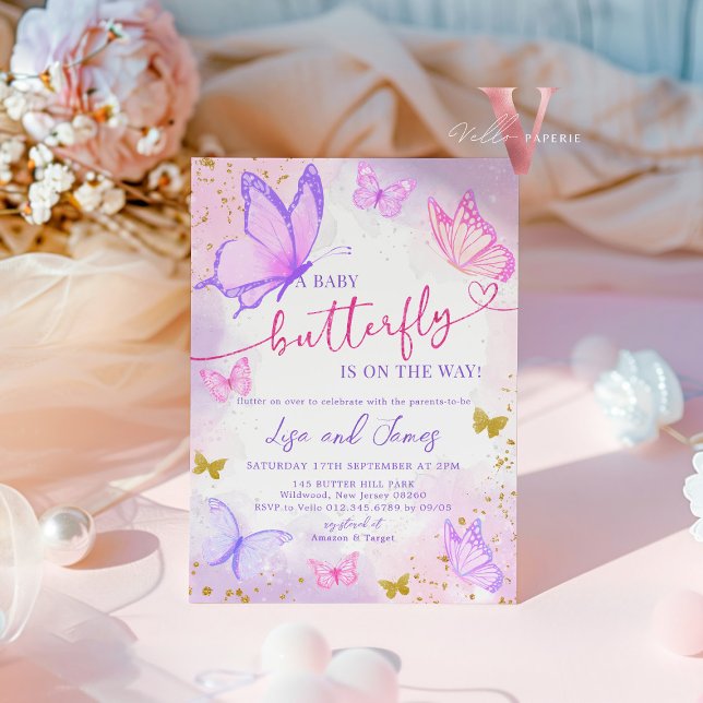 Invitación Baby Shower a la mariposa morada rosada (Subido por el creador)