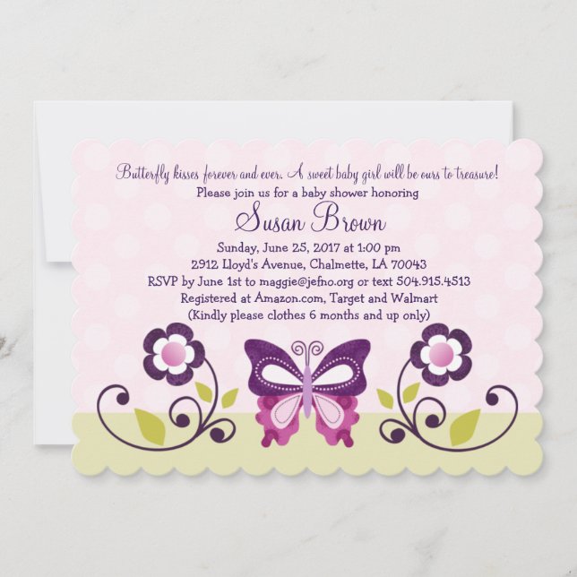 Invitación Baby Shower a la mariposa morada y flor (Anverso)