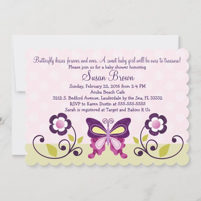Invitación Baby Shower a la mariposa morada y flor (Anverso)