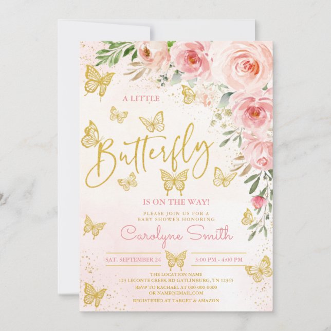 Invitación Baby Shower a la mariposa rosa de oro (Anverso)